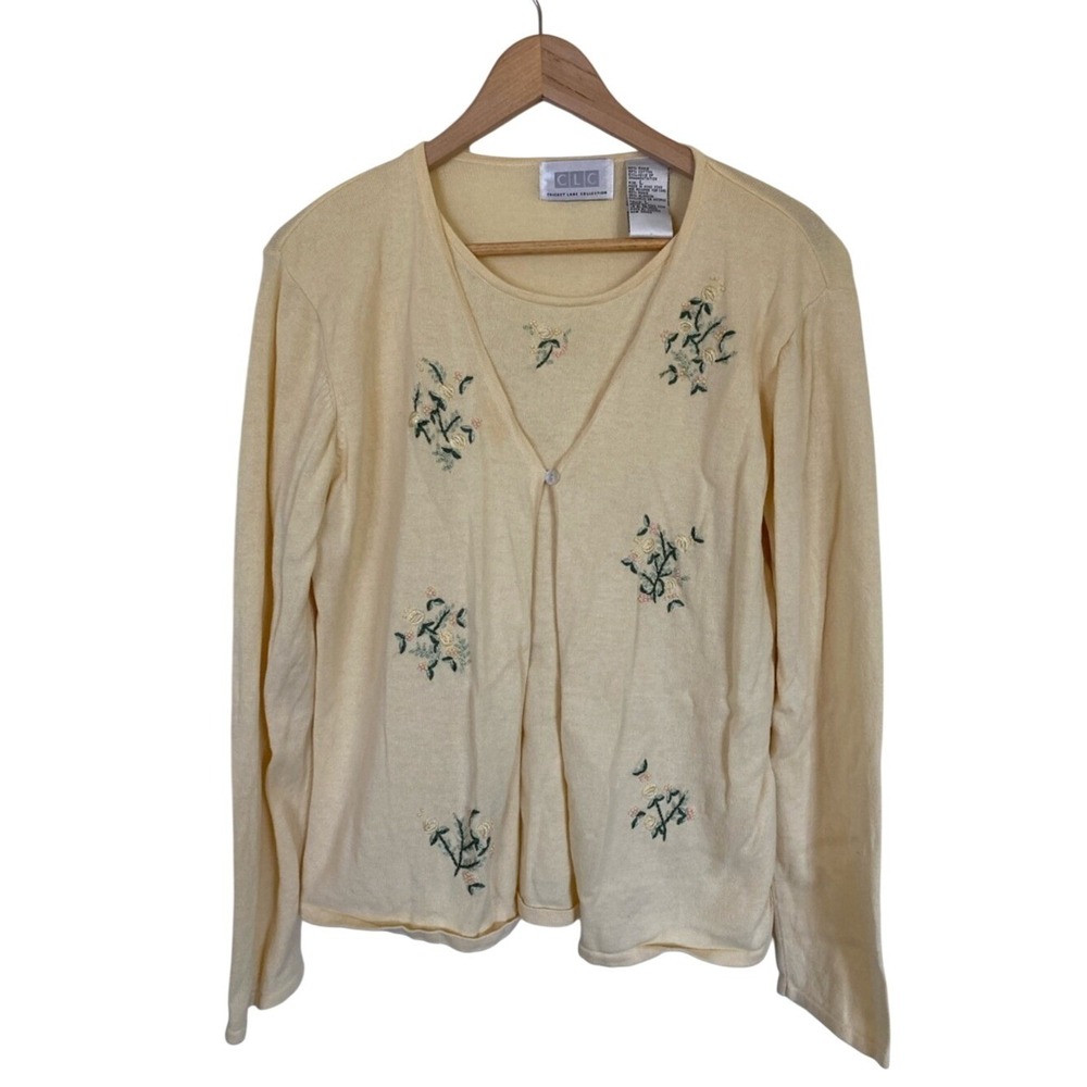 Vtg Cricket Lane Soft Yellow Floral Embroidered Women's Sweater‎ Cardigan Size L
